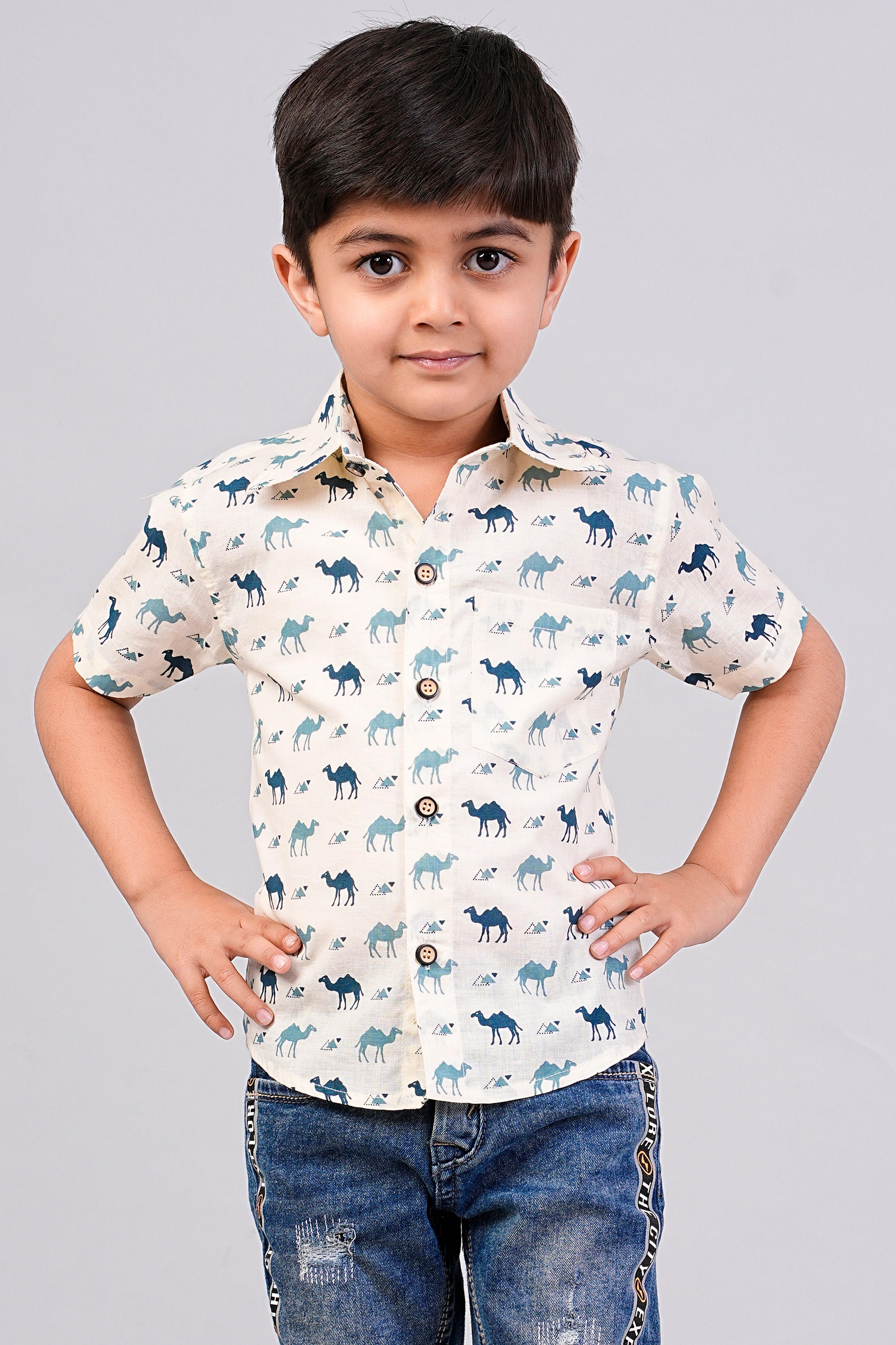 Boys Grey Half Sleeve Casual Printed Cotton Shirt