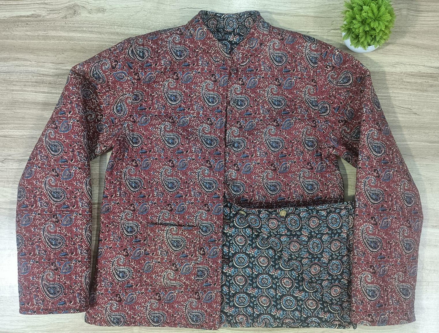 Ajrakh Printed Maroon and Blue Color Reversible Jacket for Women