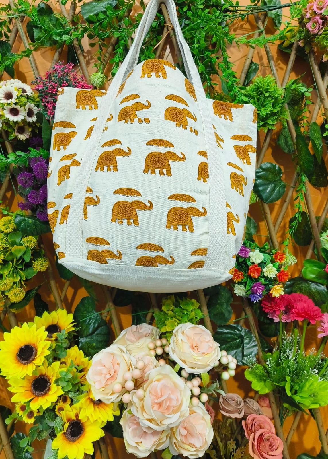 Ethnic Elephant Prints Canvas Fabric Bag