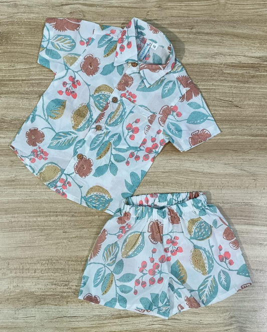 Boy's Ethnic Sage-Green Floral Print Co-Ord Set