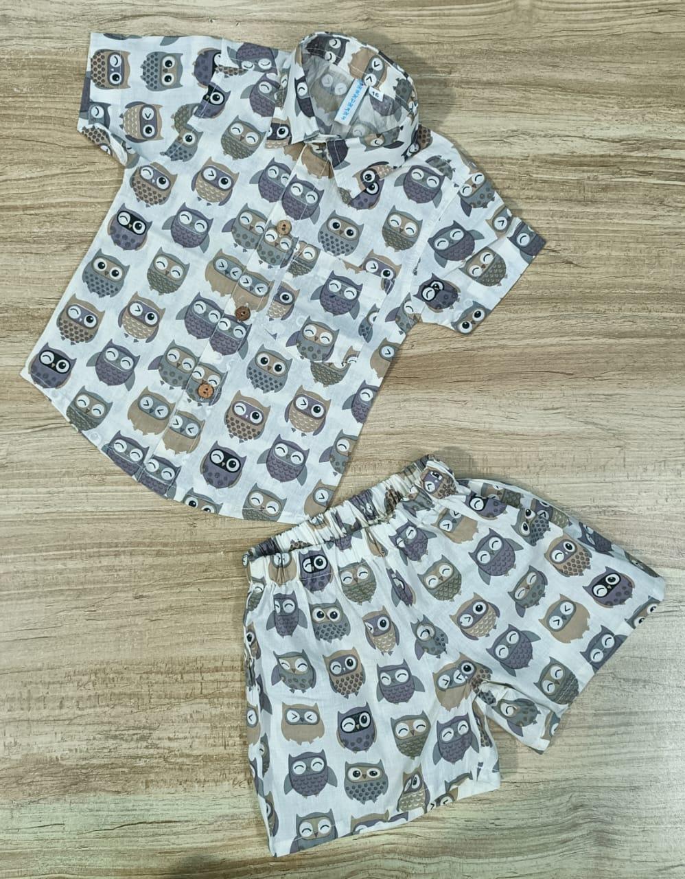 Boy's Brown Color Ethnic Owl Print Co-Ord Set