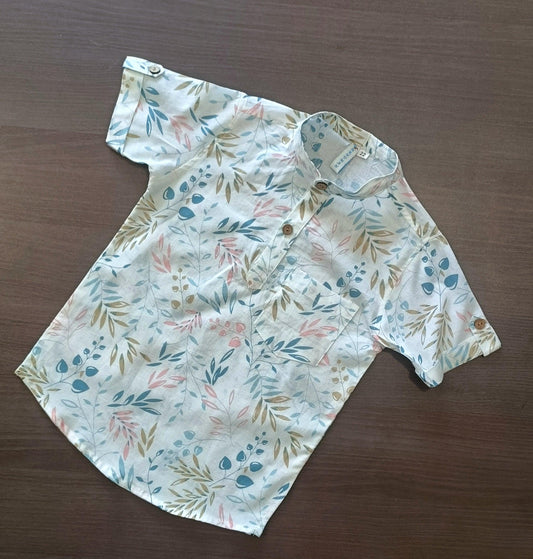 Boy's Multi Color Leaf Printed Half-Sleeves Kurta