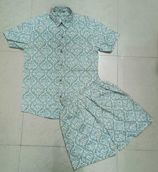 Men Sage-Green Leaf Print Co-Ord Set