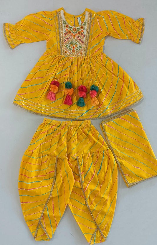 Multi Colour Lehariya Print Anarkali Dress, Dhoti & Dupatta For Girls 3pcs Set