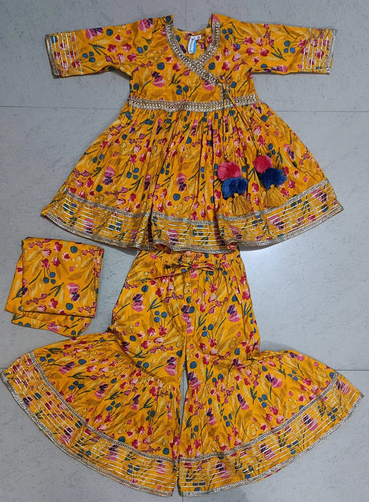 Beautiful Floral Printed Yellow Angrakha & Sharara With Dupatta  For Girls 3pcs Set