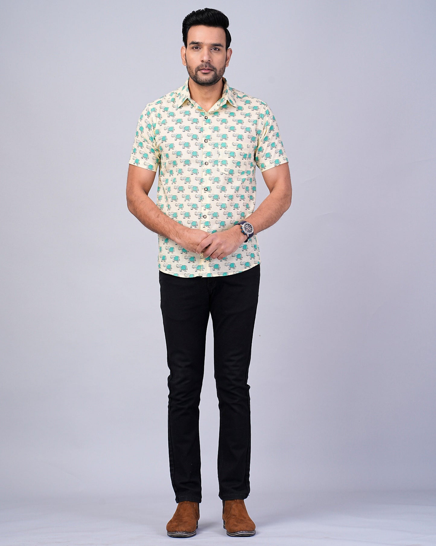 Men's Elephant Blue Color Printed Half-Sleeves shirts