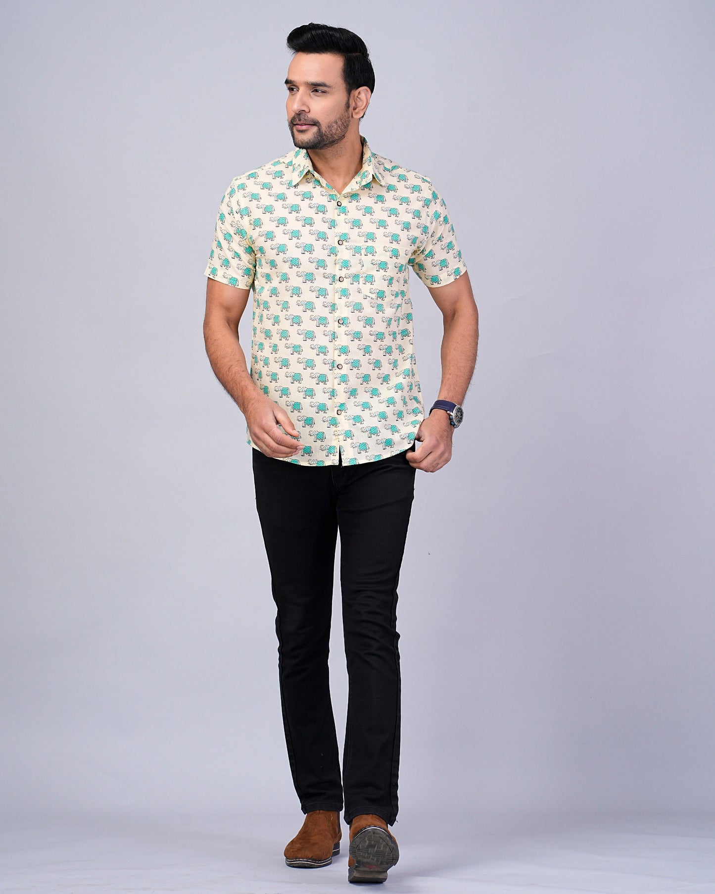 Men's Elephant Blue Color Printed Half-Sleeves shirts