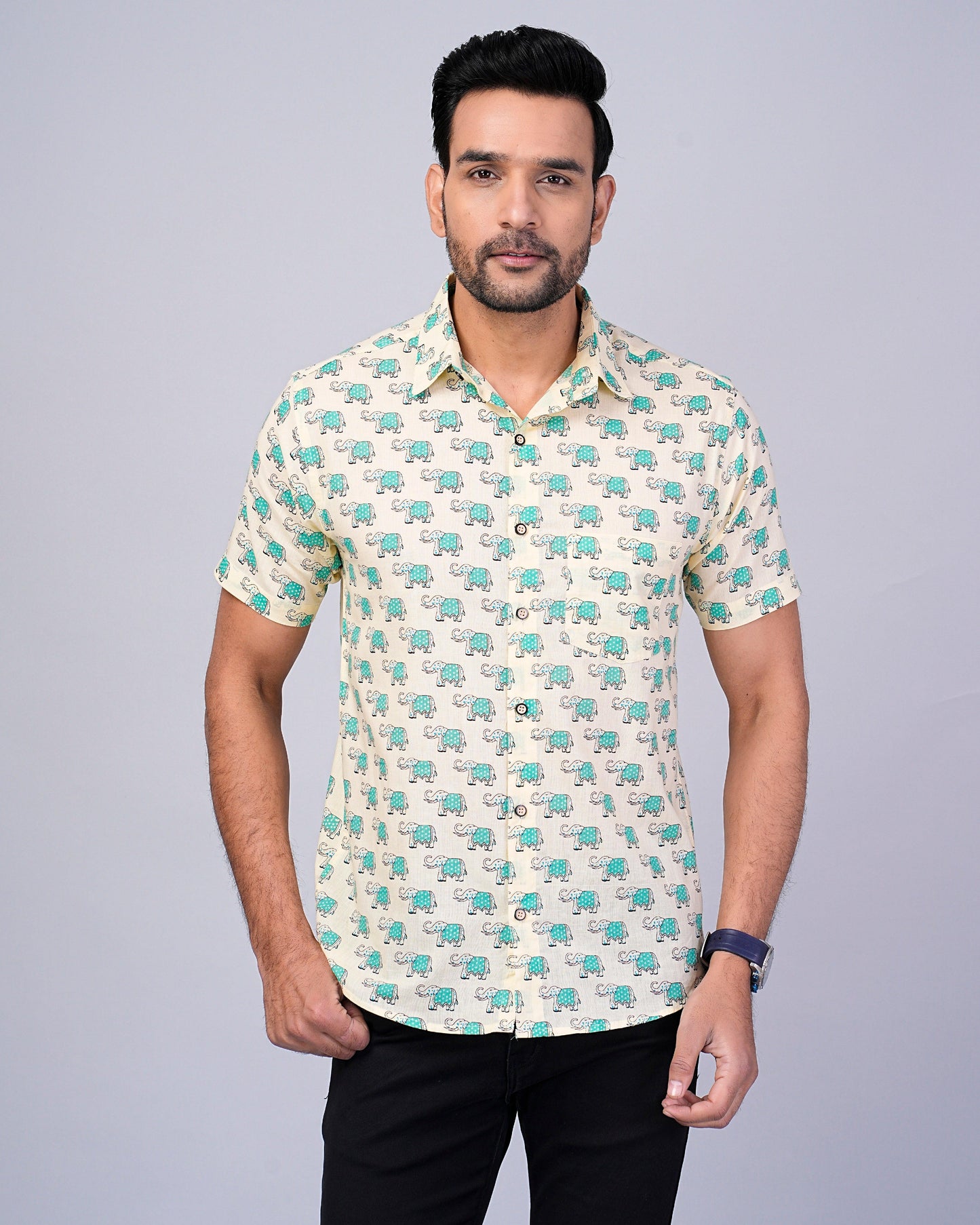 Men's Elephant Blue Color Printed Half-Sleeves shirts