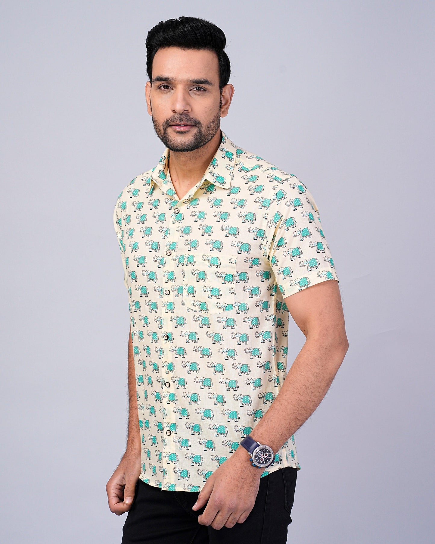 Men's Elephant Blue Color Printed Half-Sleeves shirts