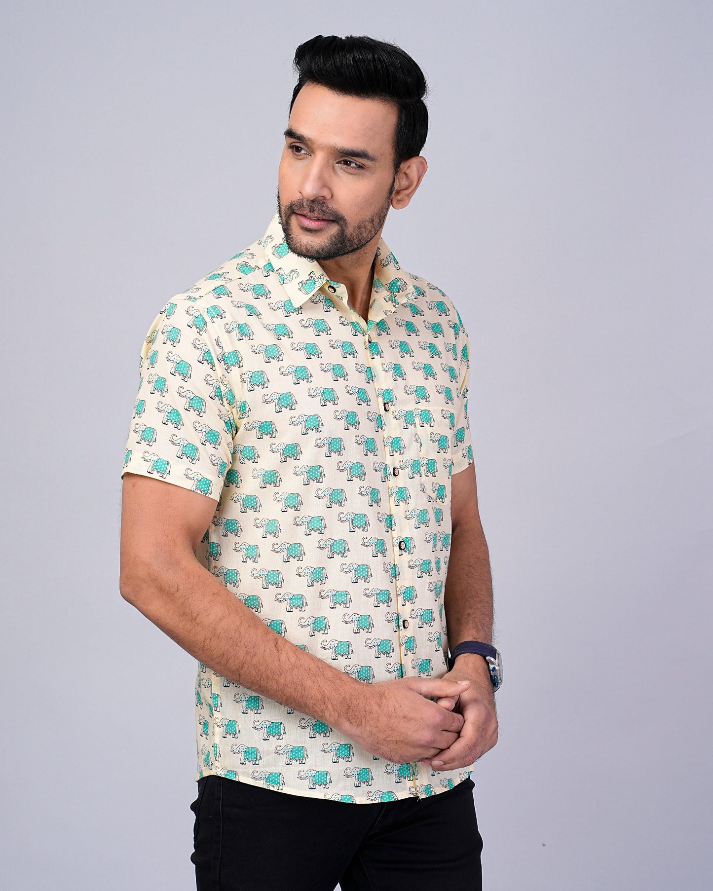 Men's Elephant Blue Color Printed Half-Sleeves shirts
