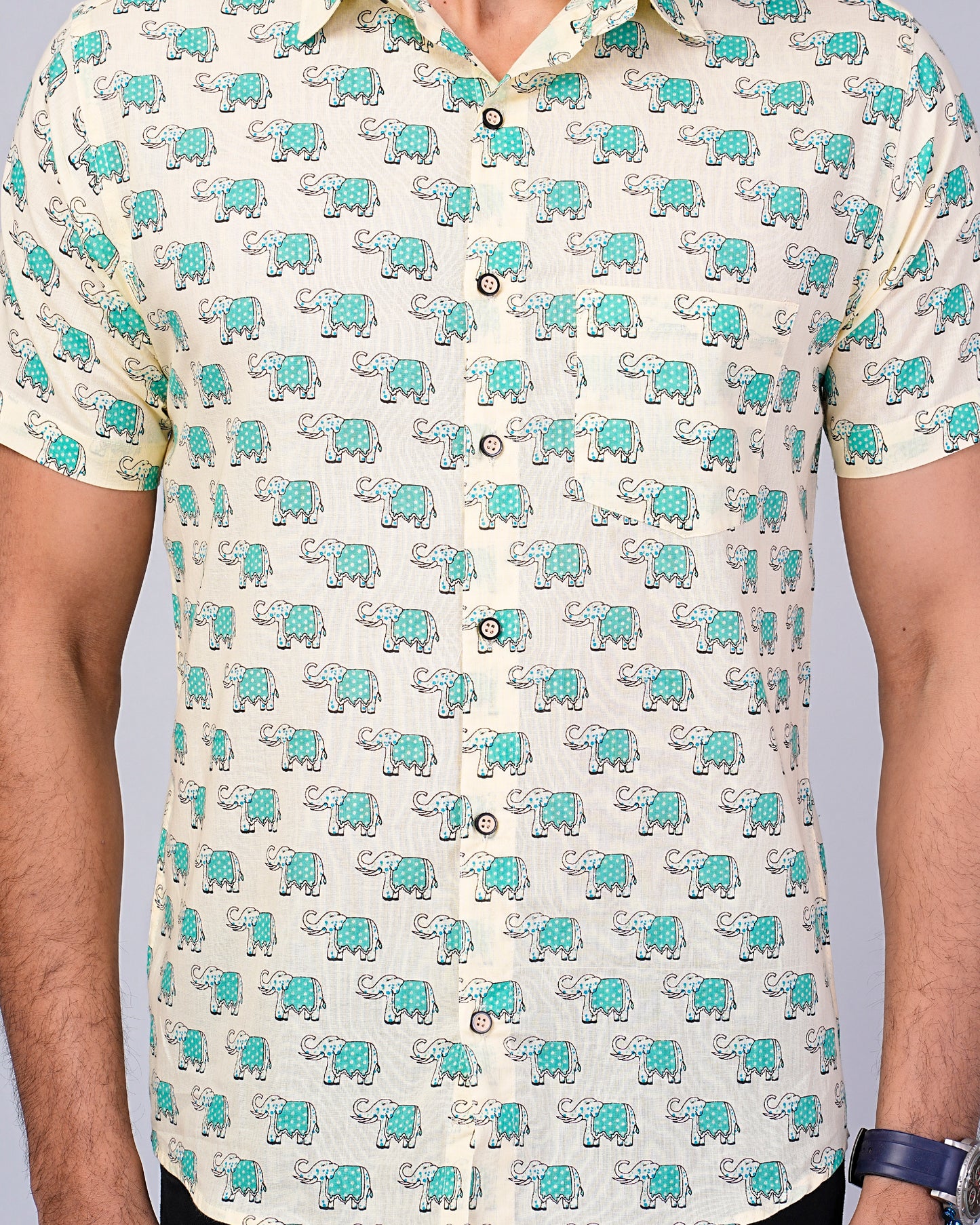 Men's Elephant Blue Color Printed Half-Sleeves shirts