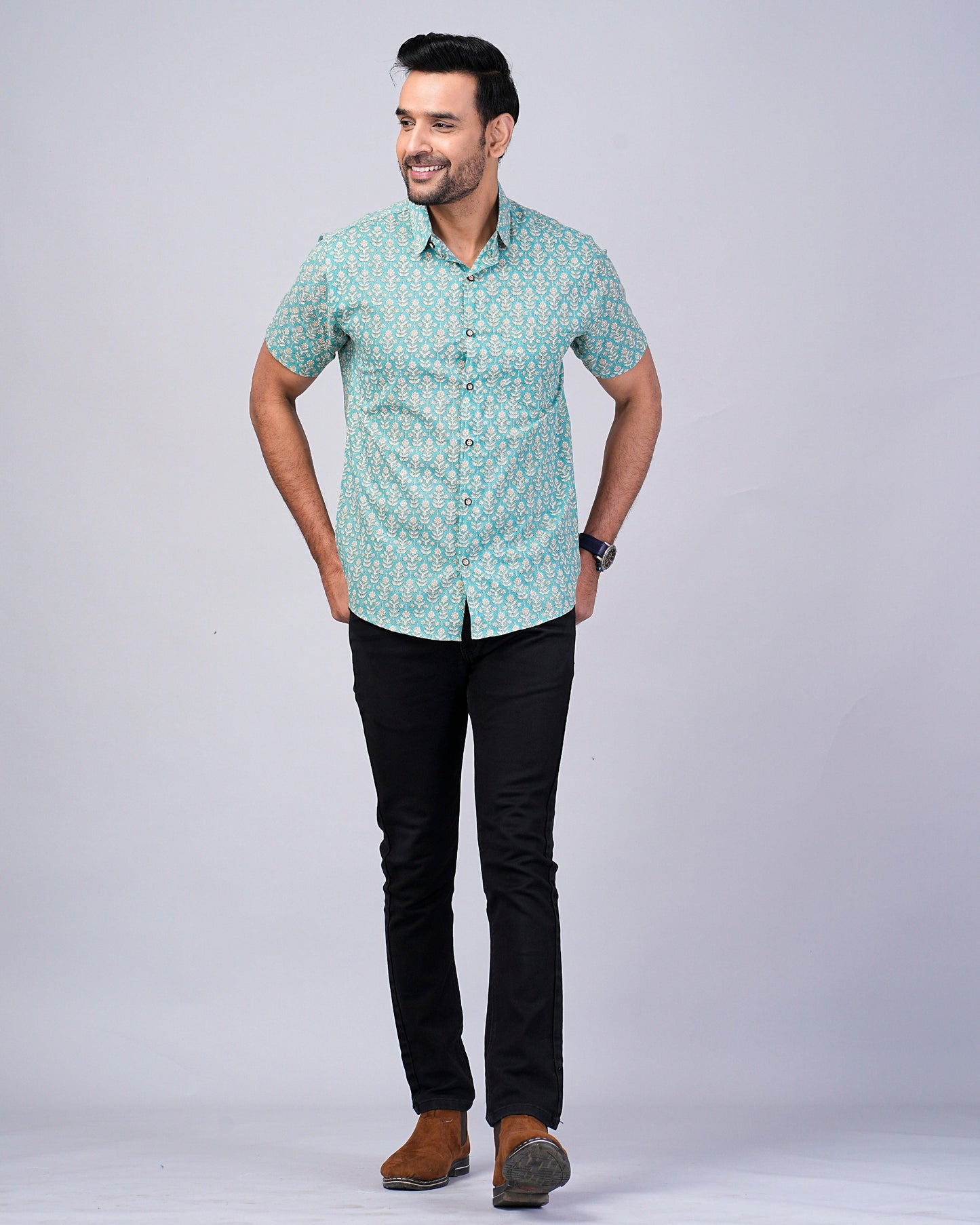 Men's Sage-Green Floral Printed Half-Sleeves shirts