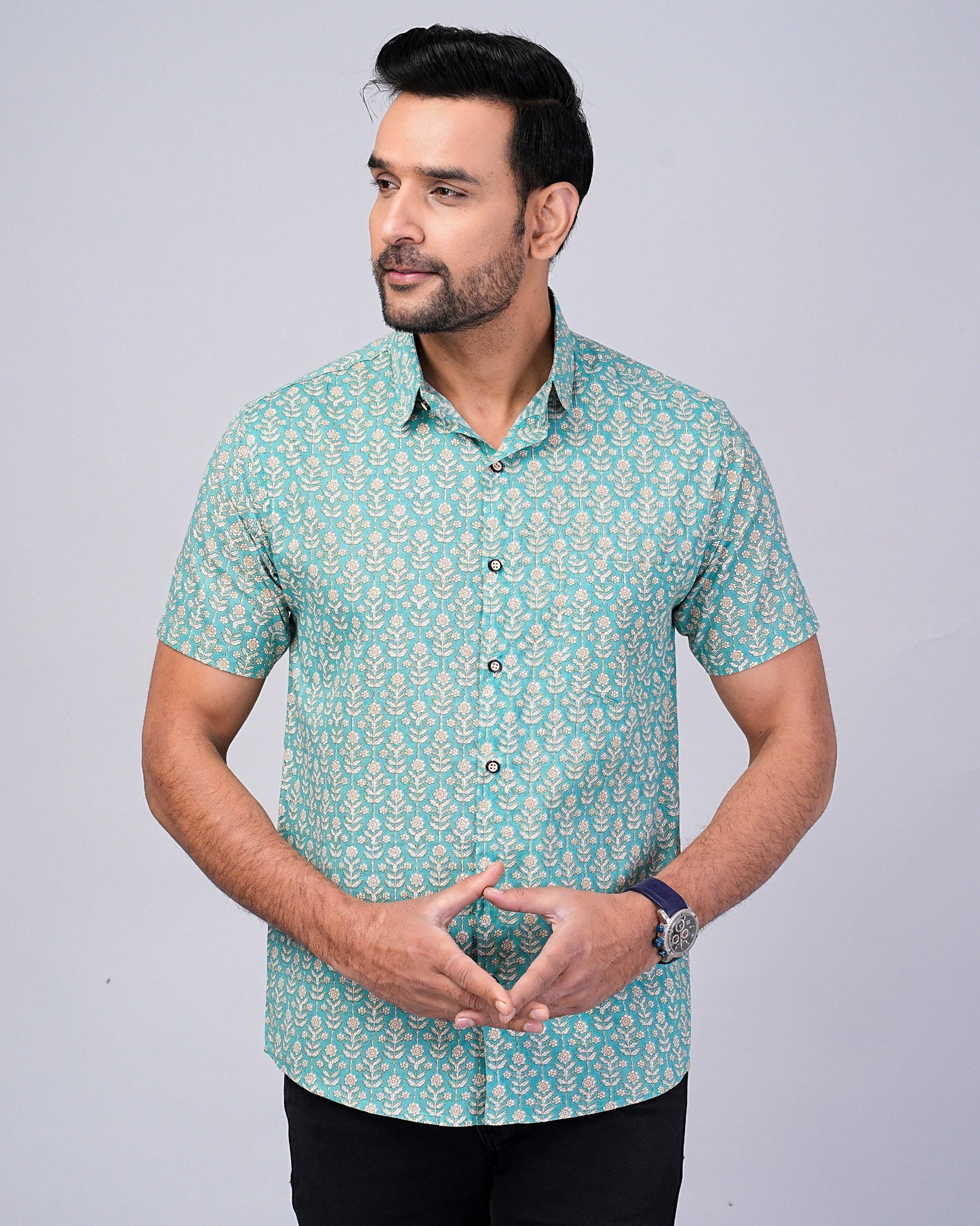 Men's Sage-Green Floral Printed Half-Sleeves shirts