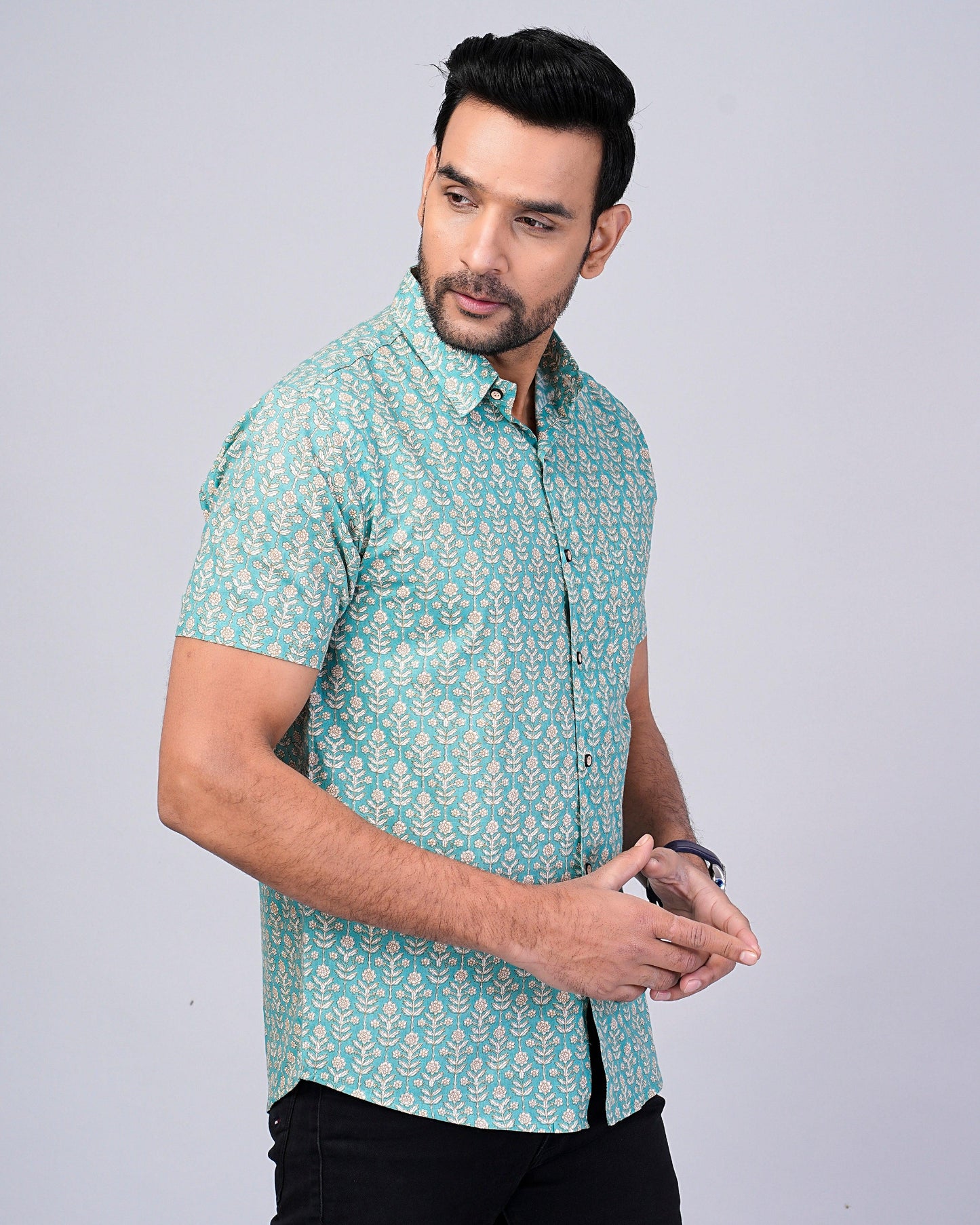 Men's Sage-Green Floral Printed Half-Sleeves shirts