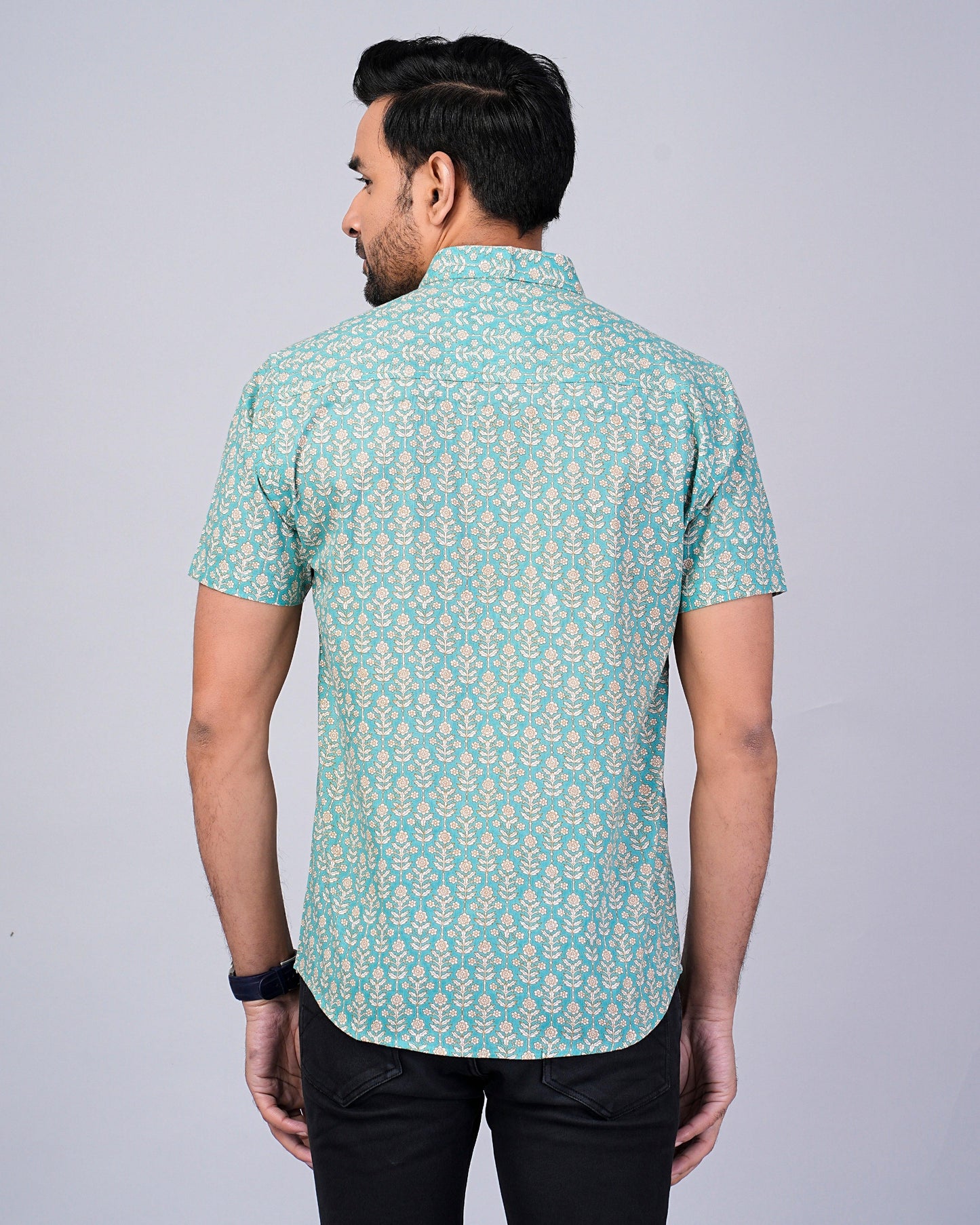 Men's Sage-Green Floral Printed Half-Sleeves shirts