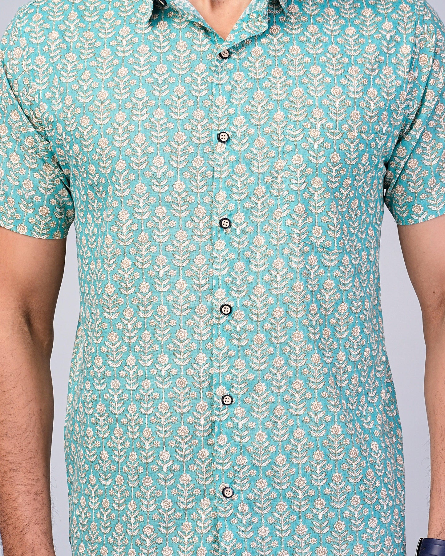 Men's Sage-Green Floral Printed Half-Sleeves shirts