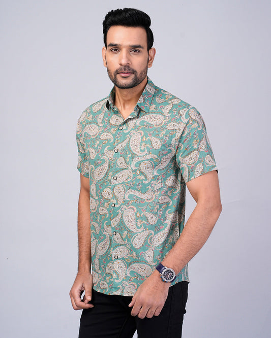Men's Sage-Green Paisley Printed Half-Sleeves shirts