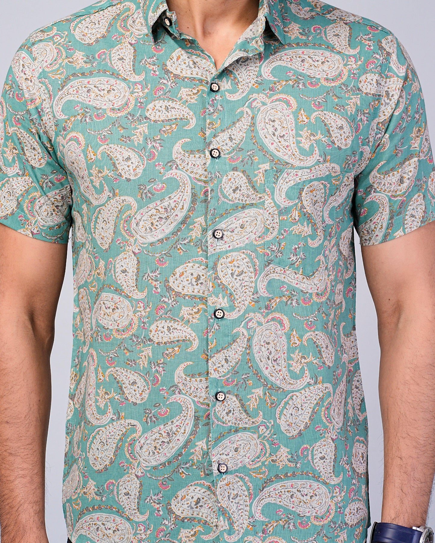 Men's Sage-Green Paisley Printed Half-Sleeves shirts