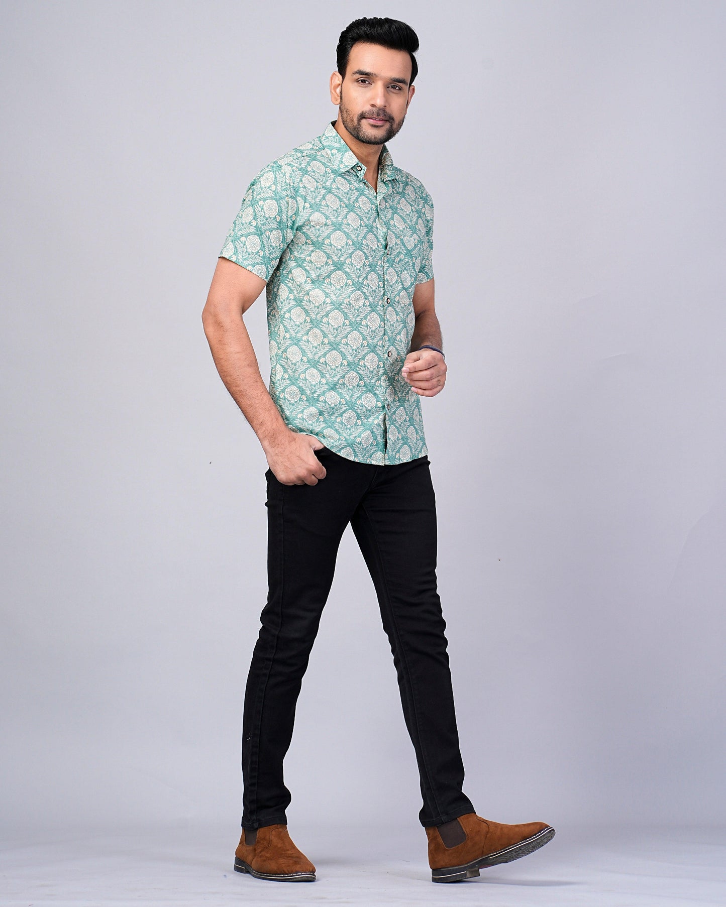 Men's  Sage-Green Floral Printed Half-Sleeves shirts