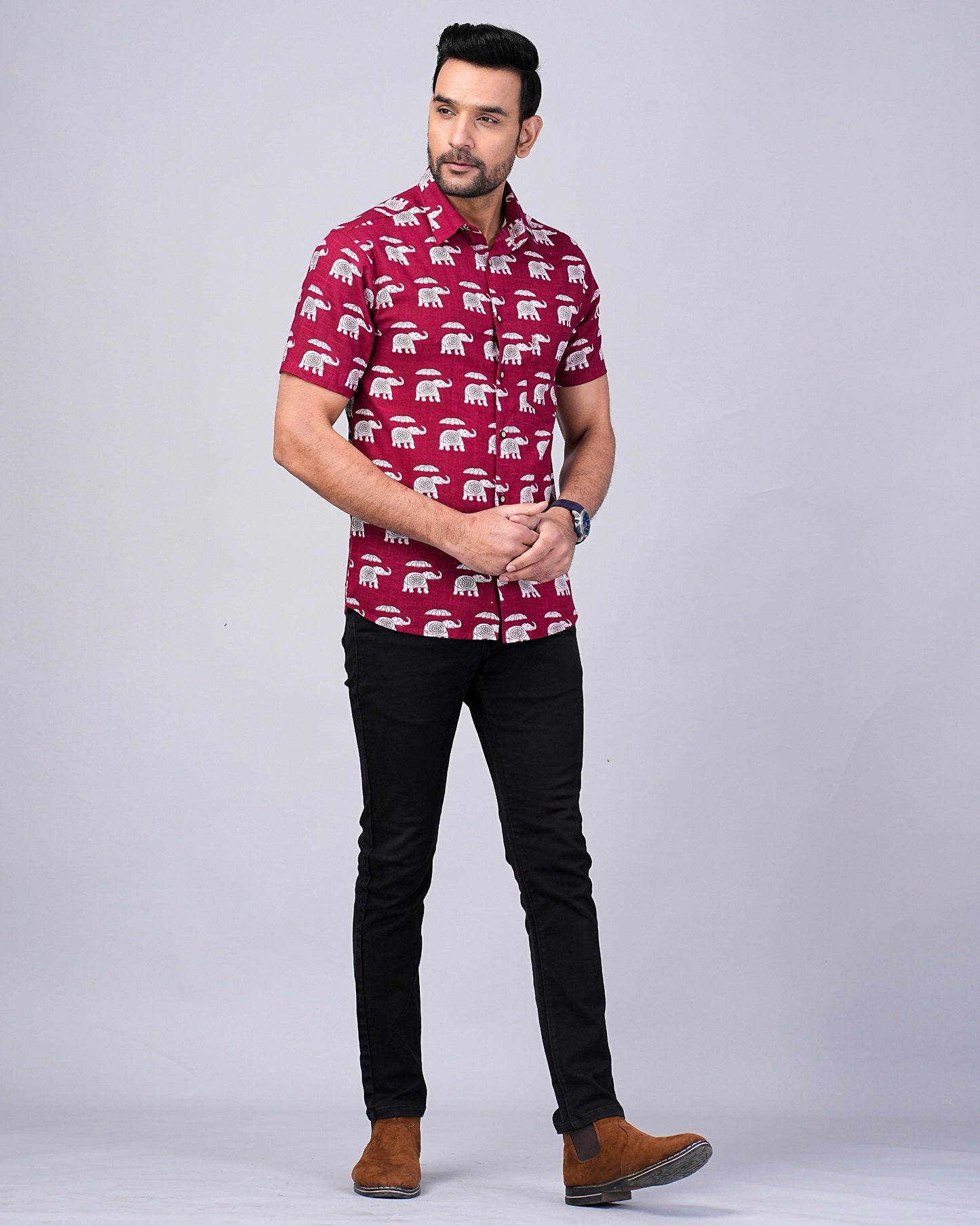Men's Elephant Maroon Color Printed Half-Sleeves shirts