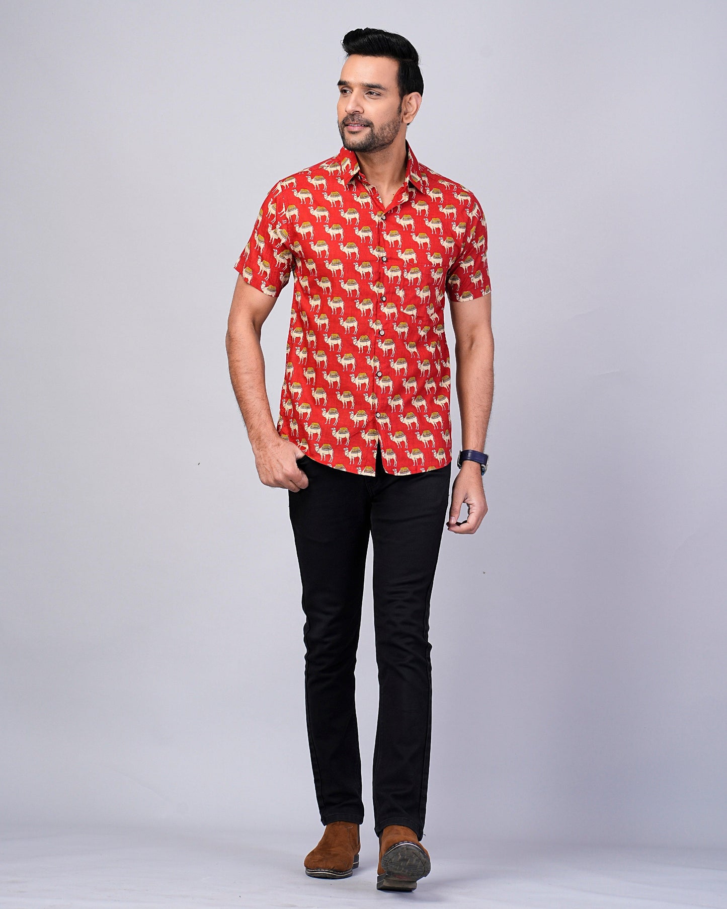 Men's Camel Red Color Printed Half-Sleeves shirts