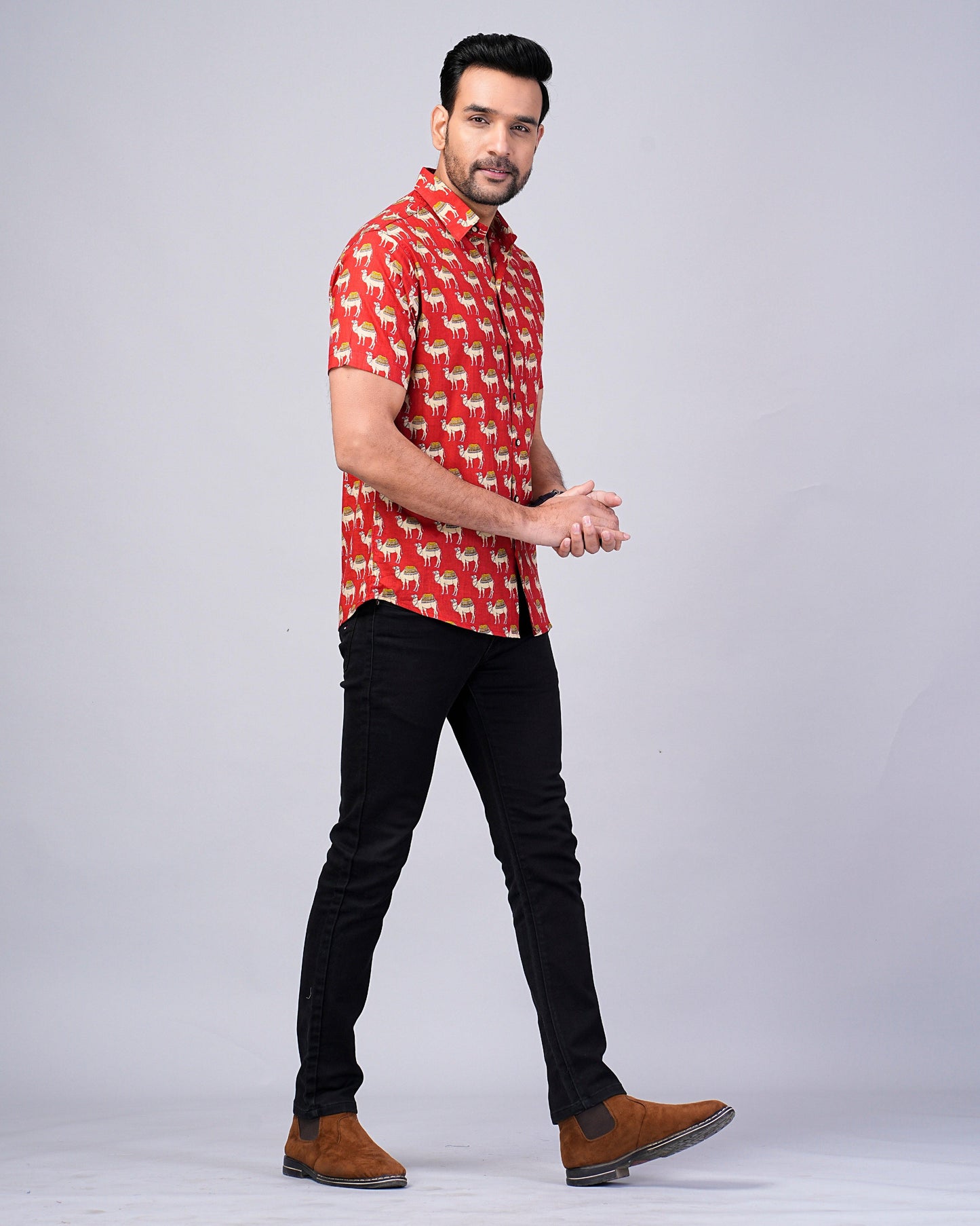 Men's Camel Red Color Printed Half-Sleeves shirts
