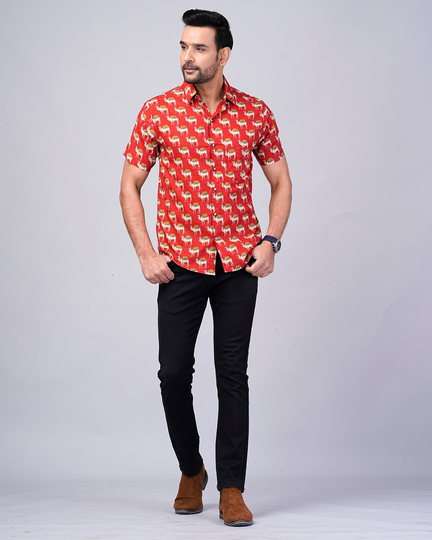 Men's Camel Red Color Printed Half-Sleeves shirts