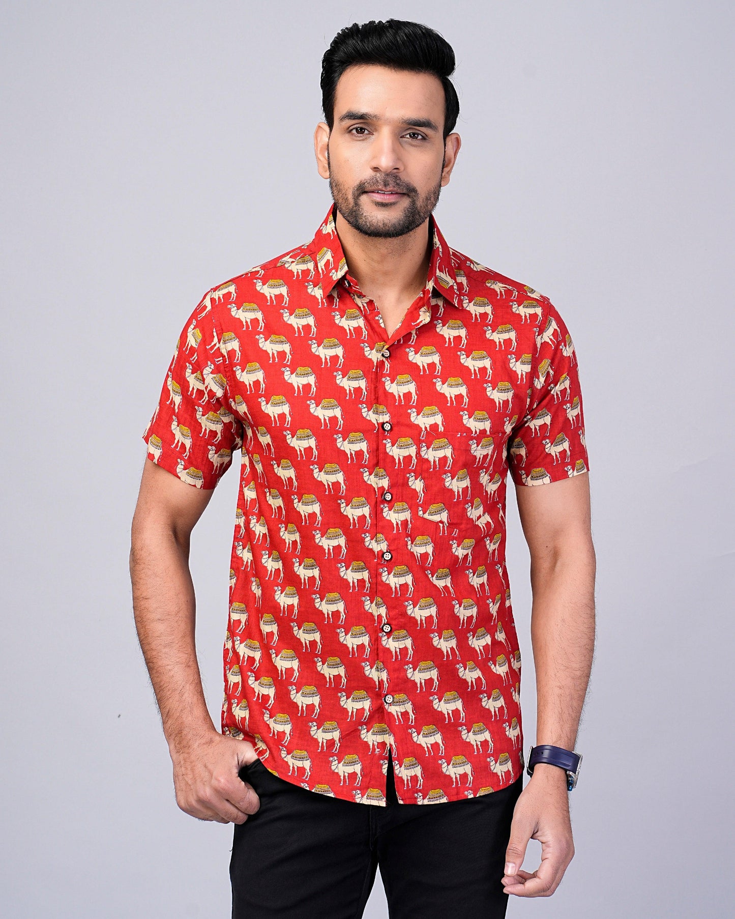 Men's Camel Red Color Printed Half-Sleeves shirts