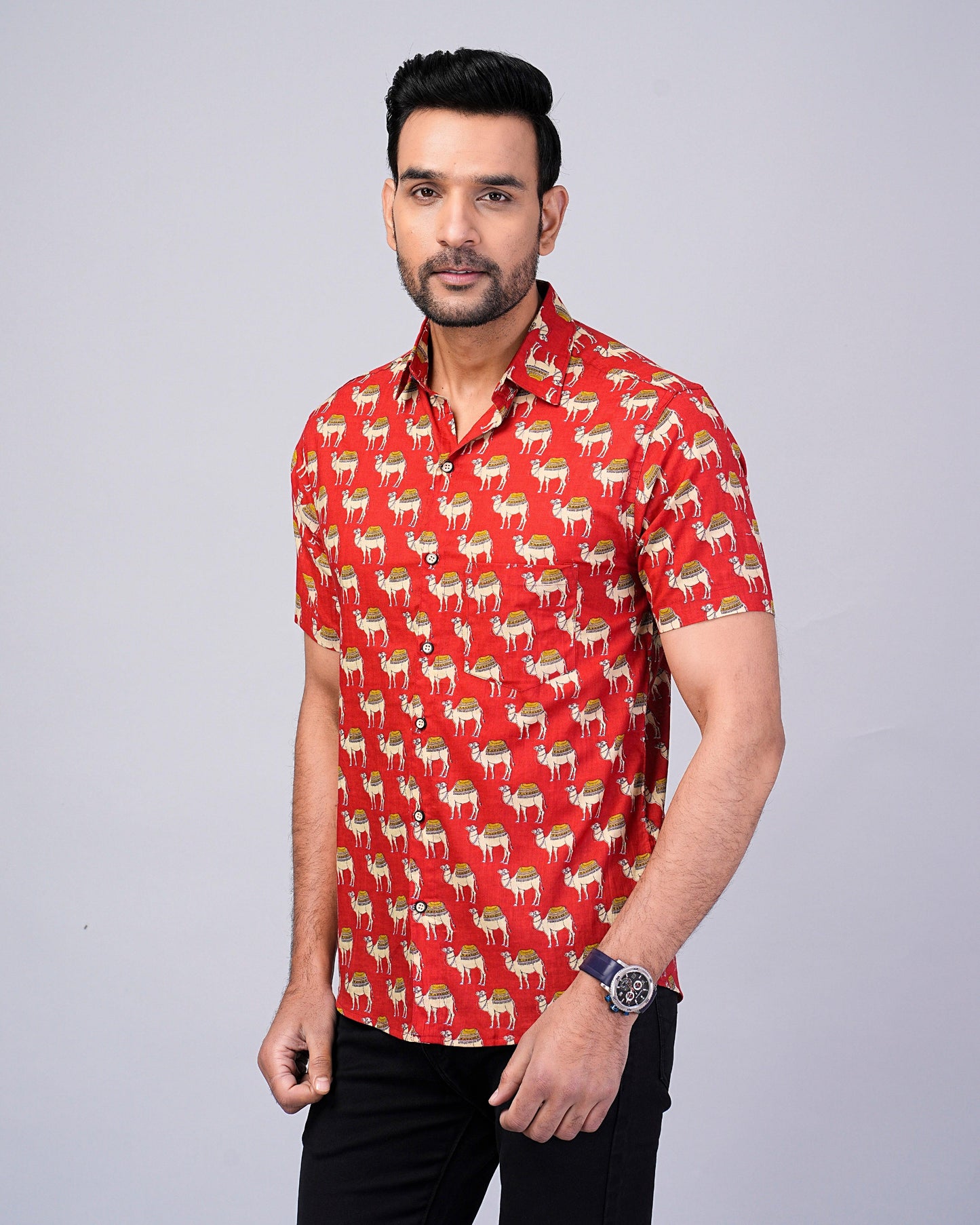 Men's Camel Red Color Printed Half-Sleeves shirts
