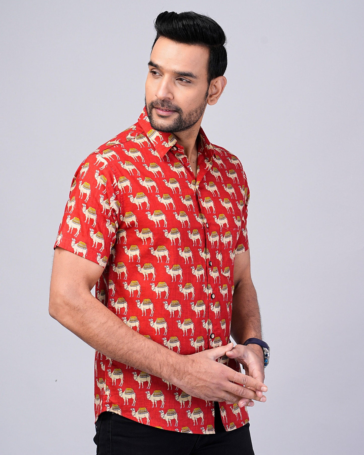 Men's Camel Red Color Printed Half-Sleeves shirts