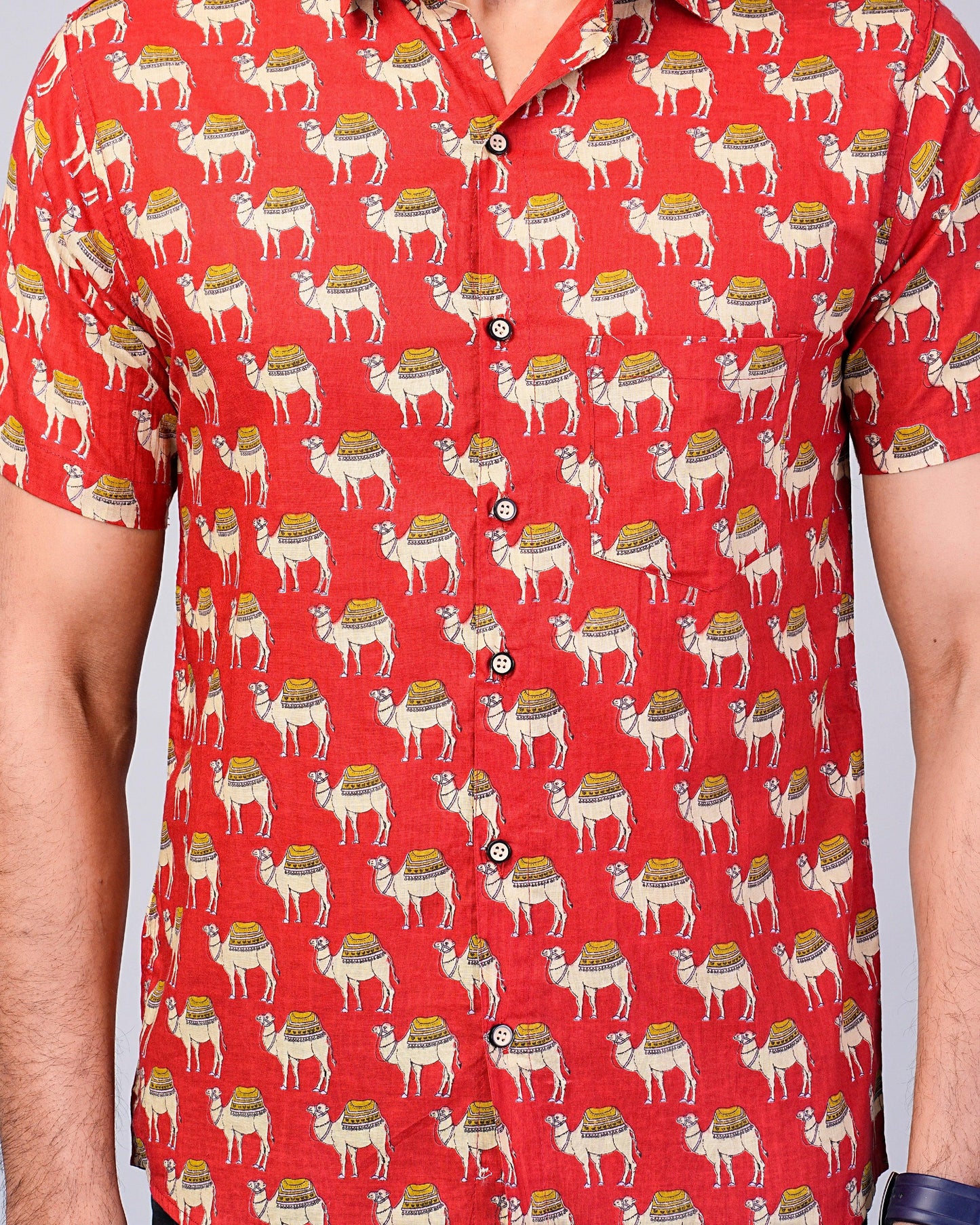 Men's Camel Red Color Printed Half-Sleeves shirts