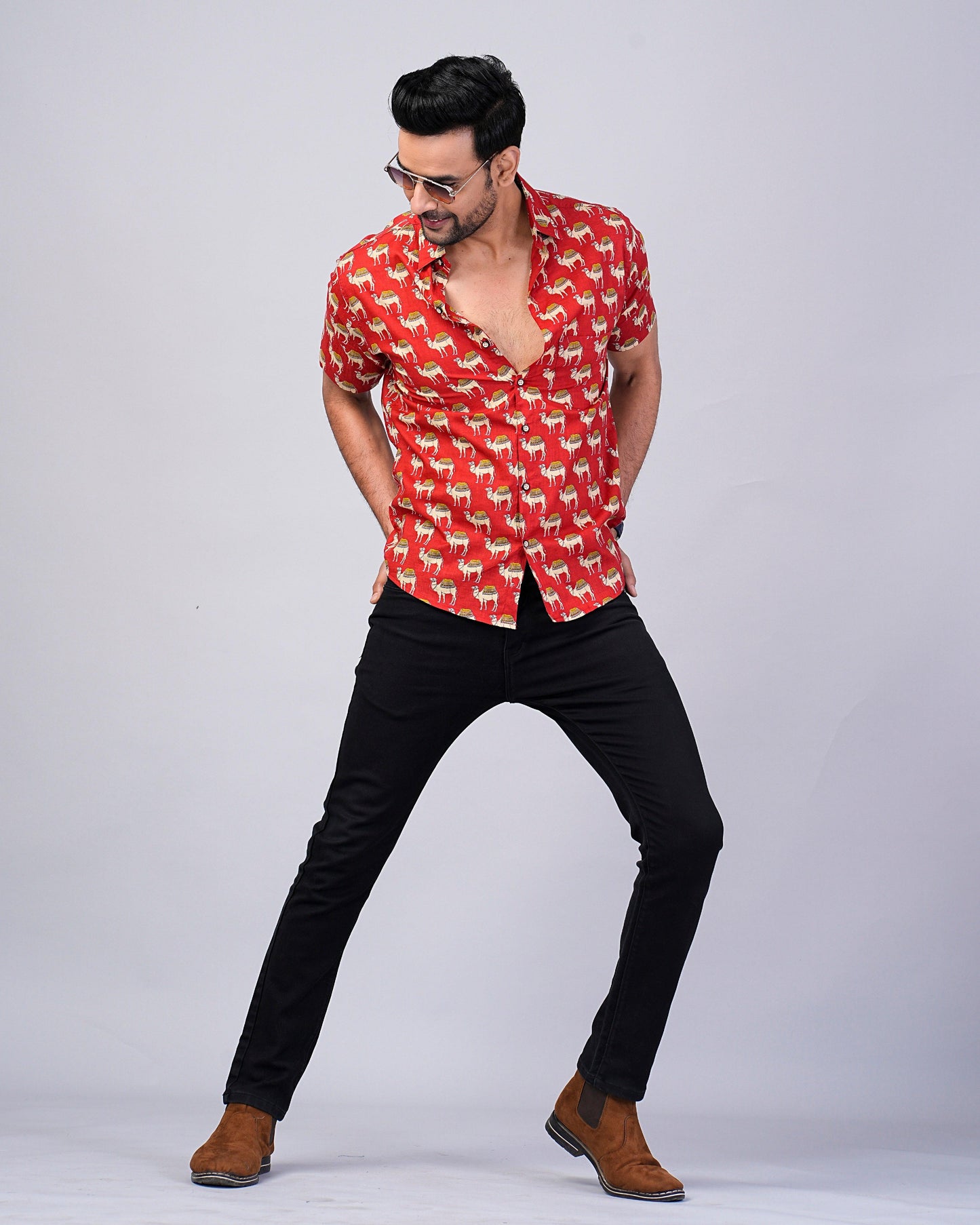Men's Camel Red Color Printed Half-Sleeves shirts