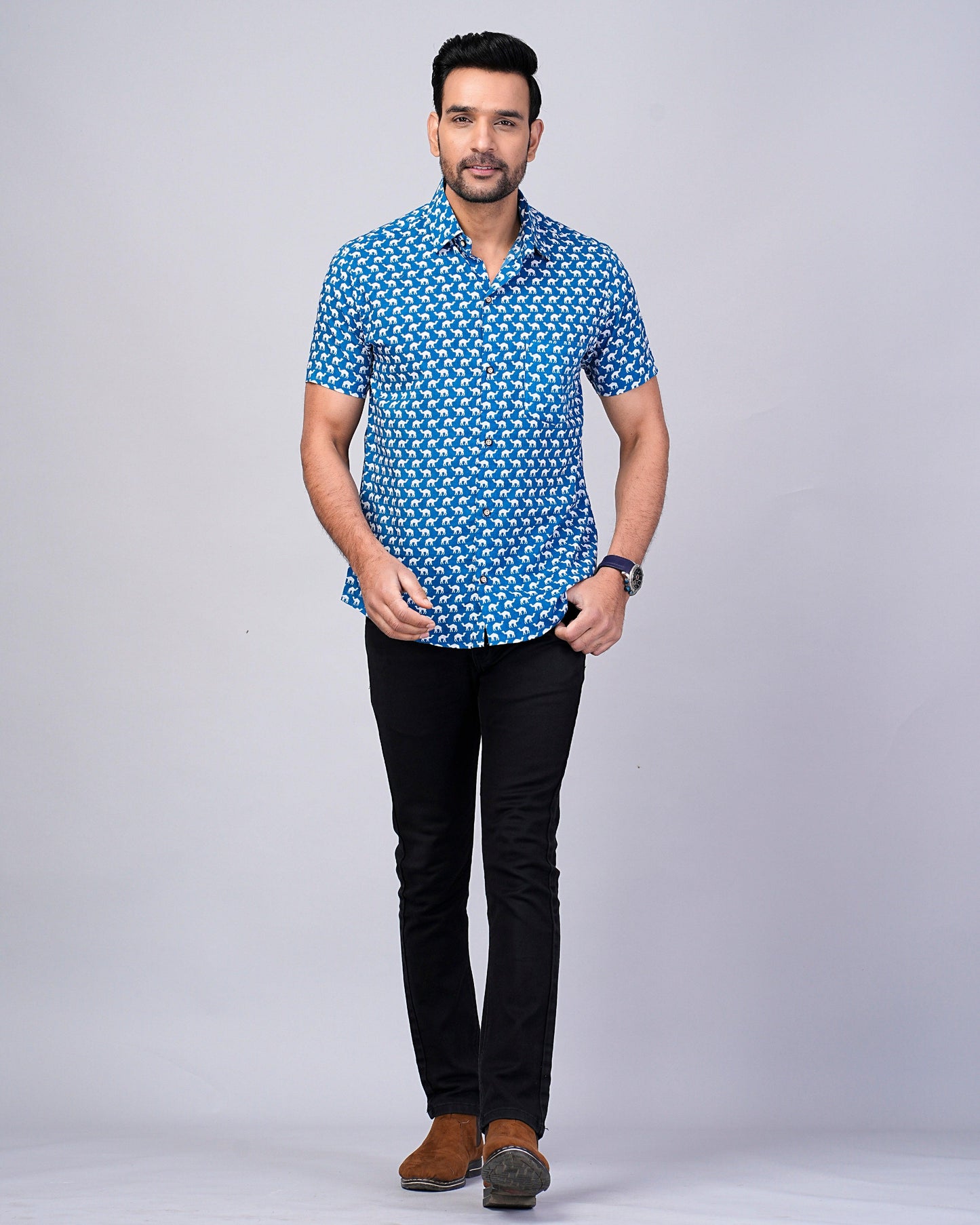Men's Indigo Camel Printed Half-Sleeves shirts