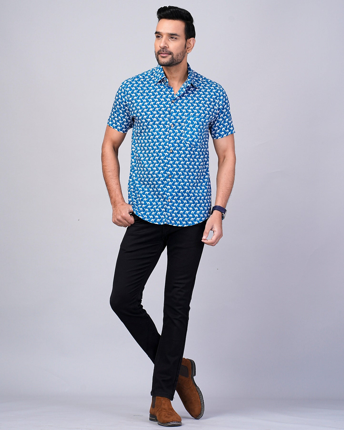 Men's Indigo Camel Printed Half-Sleeves shirts