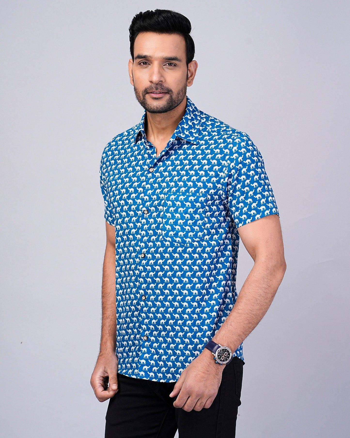 Men's Indigo Camel Printed Half-Sleeves shirts