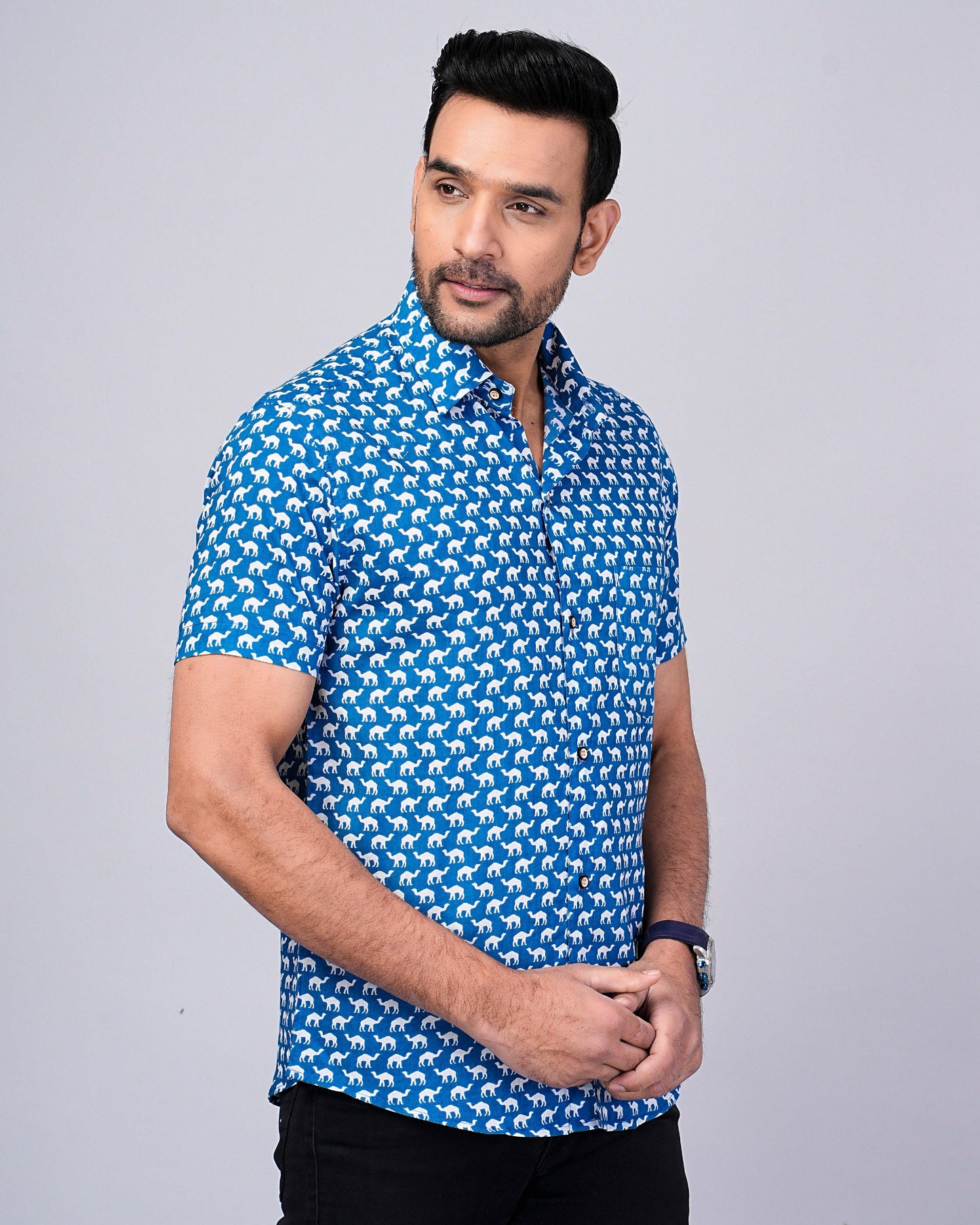 Men's Indigo Camel Printed Half-Sleeves shirts