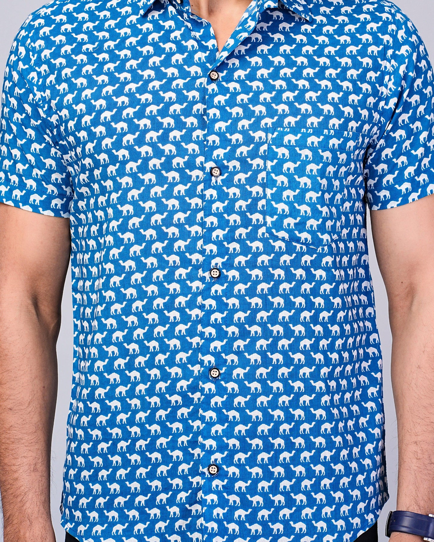 Men's Indigo Camel Printed Half-Sleeves shirts