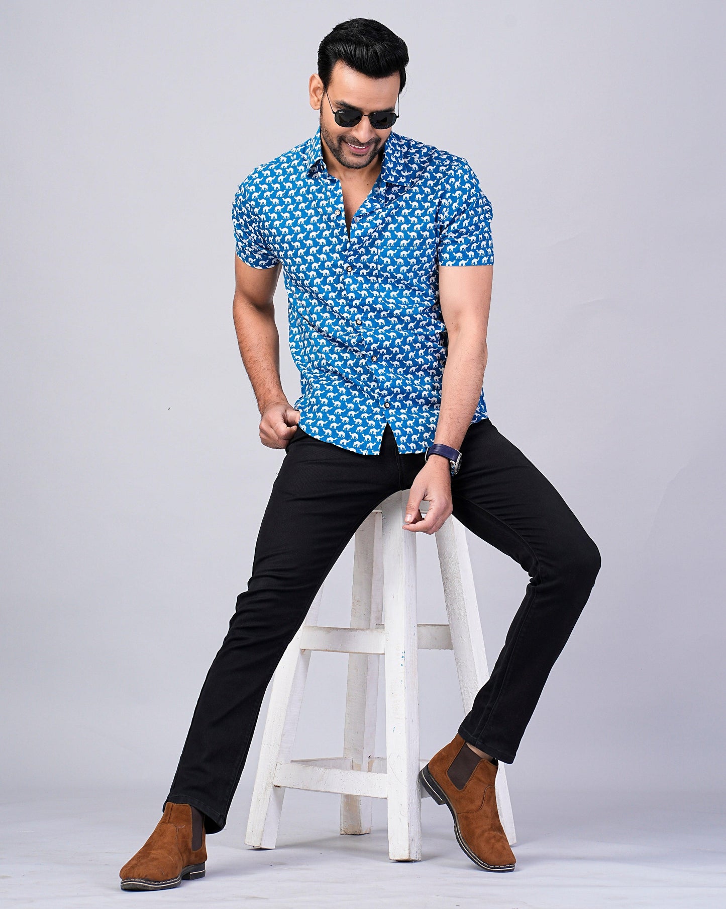 Men's Indigo Camel Printed Half-Sleeves shirts