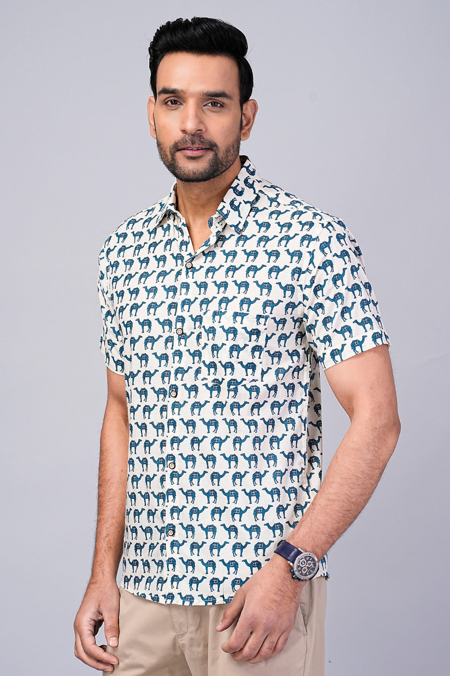 Men's Camel Printed Half-Sleeves shirts