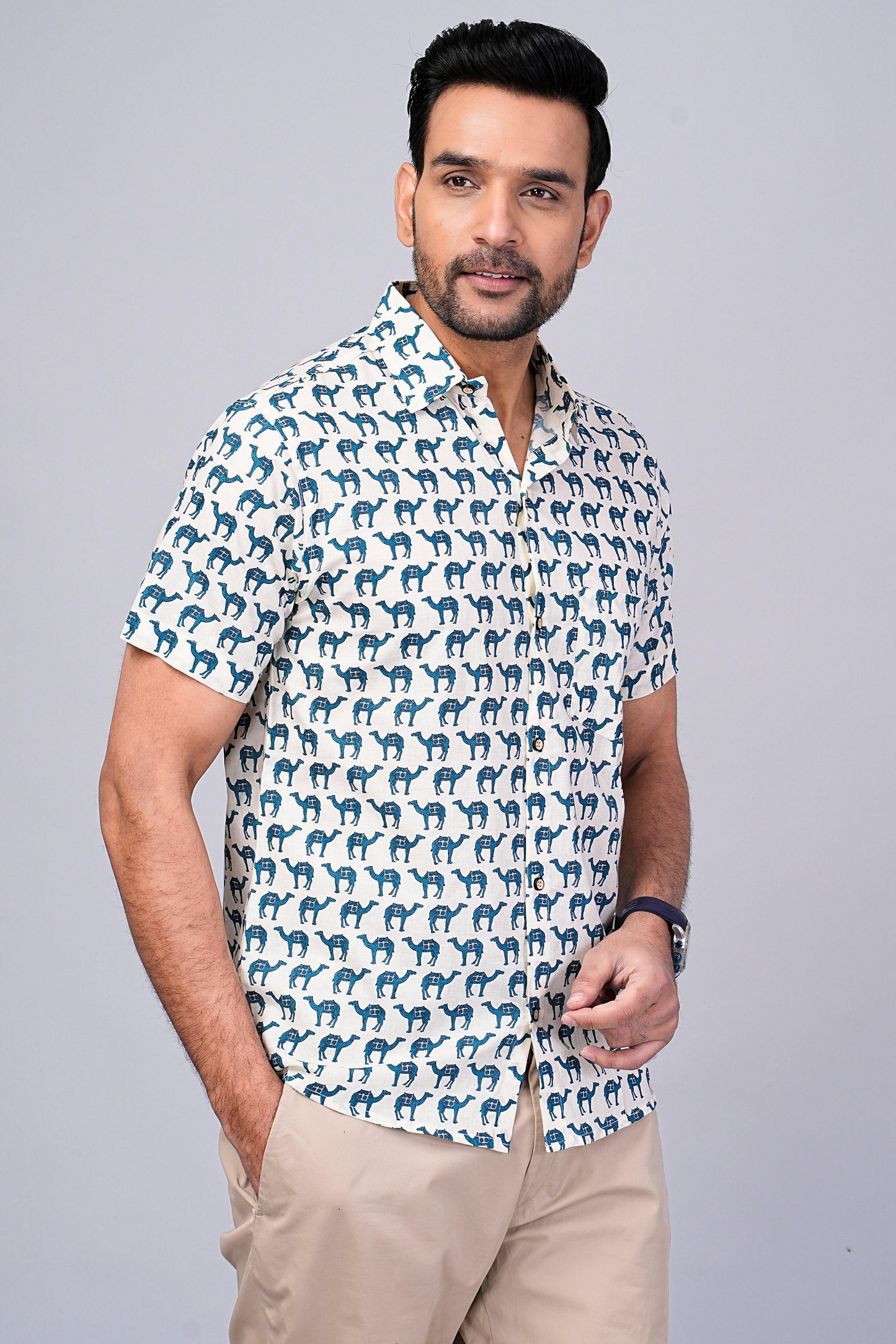 Men's Camel Printed Half-Sleeves shirts