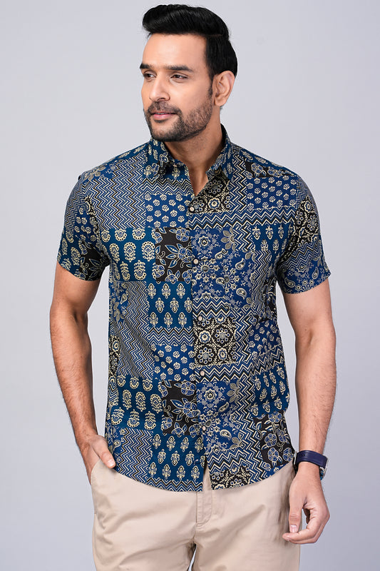 Men's Patch Work Indigo Printed Half-Sleeves shirts
