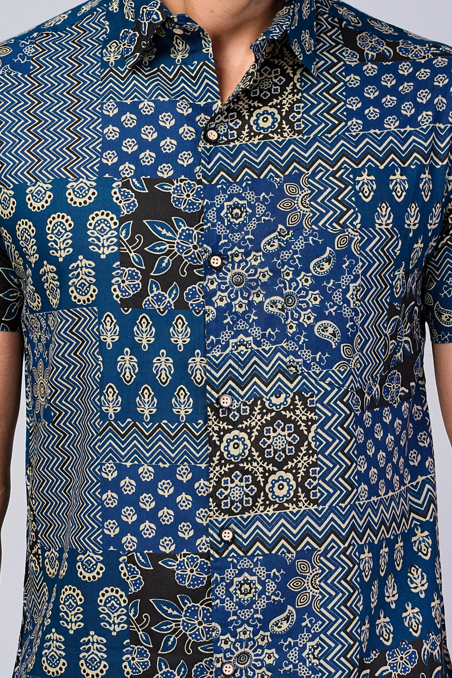 Men's Patch Work Indigo Printed Half-Sleeves shirts