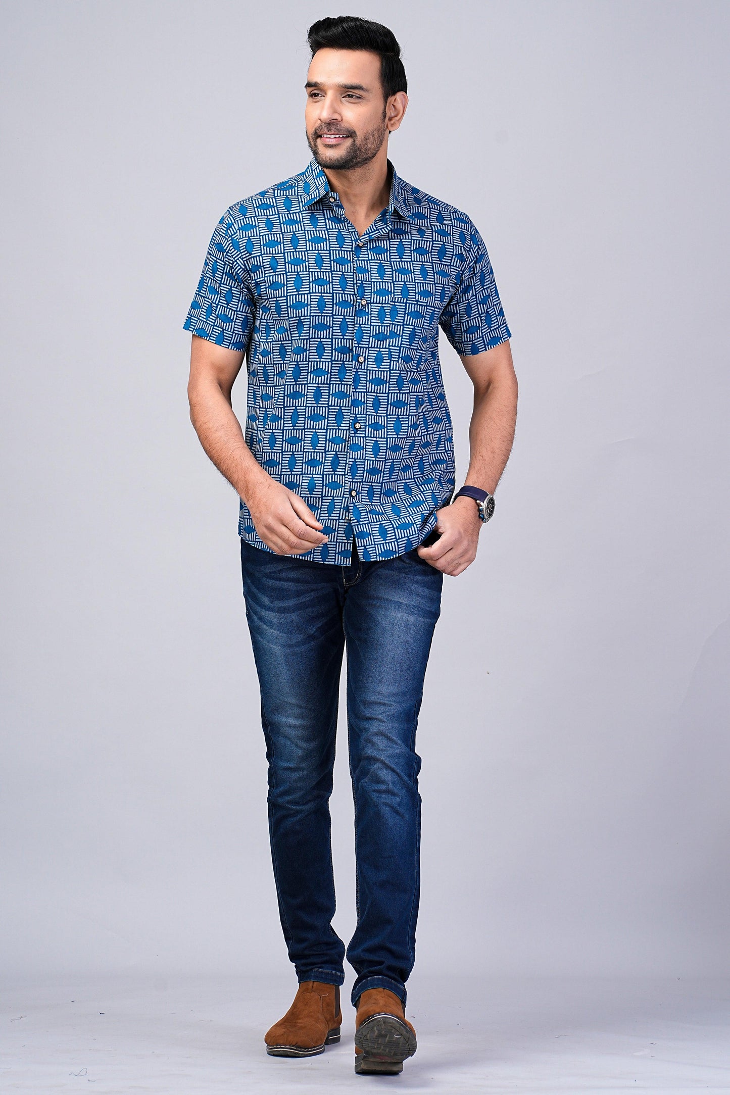 Men's Indigo Printed Half-Sleeves shirts