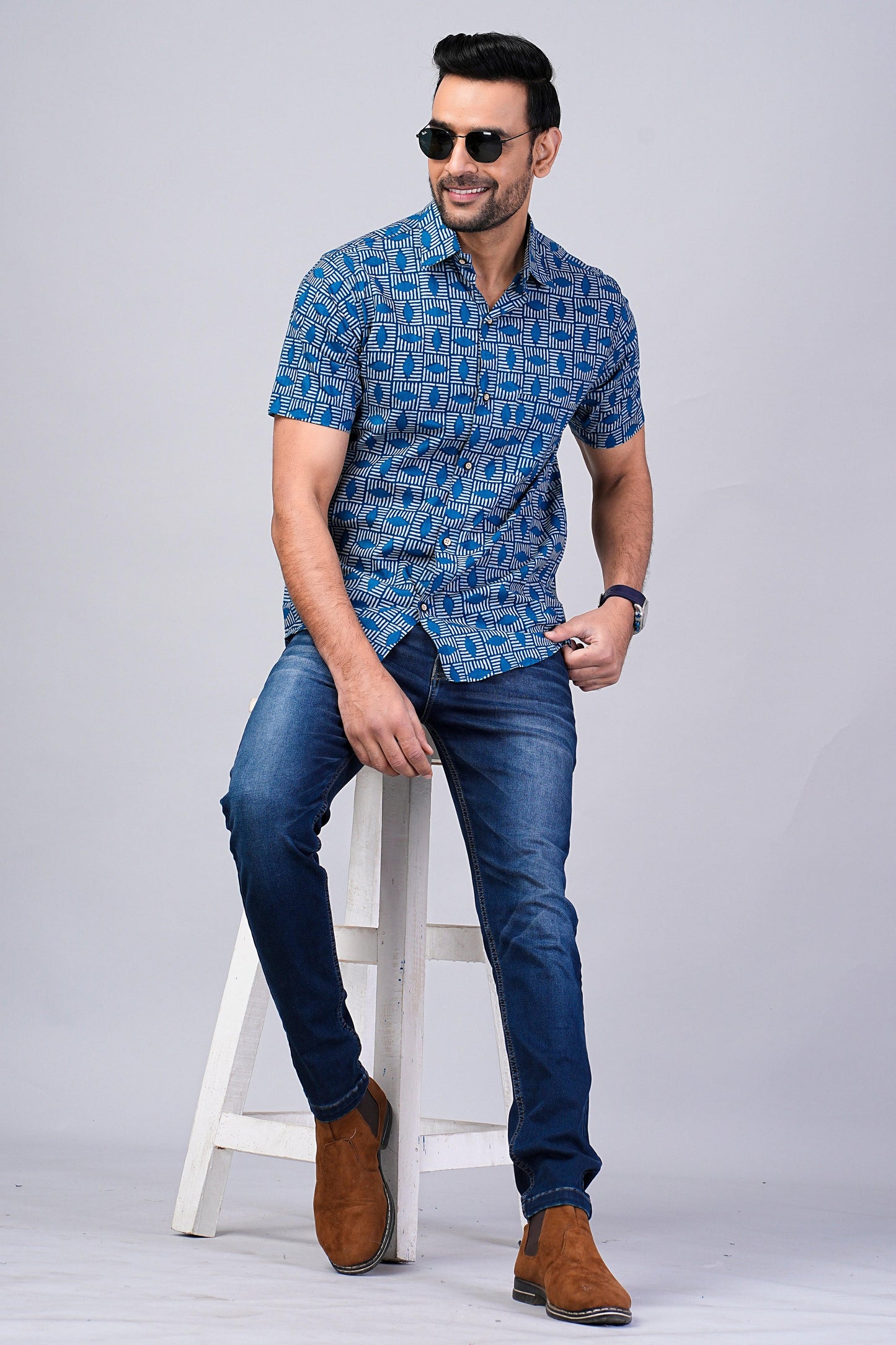 Men's Indigo Printed Half-Sleeves shirts