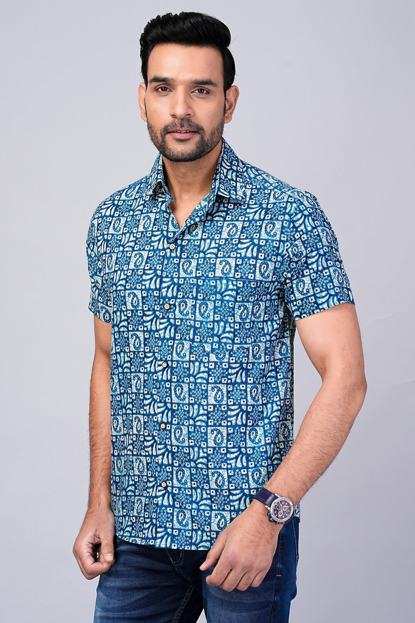 Men's Indigo Printed Half-Sleeves shirts