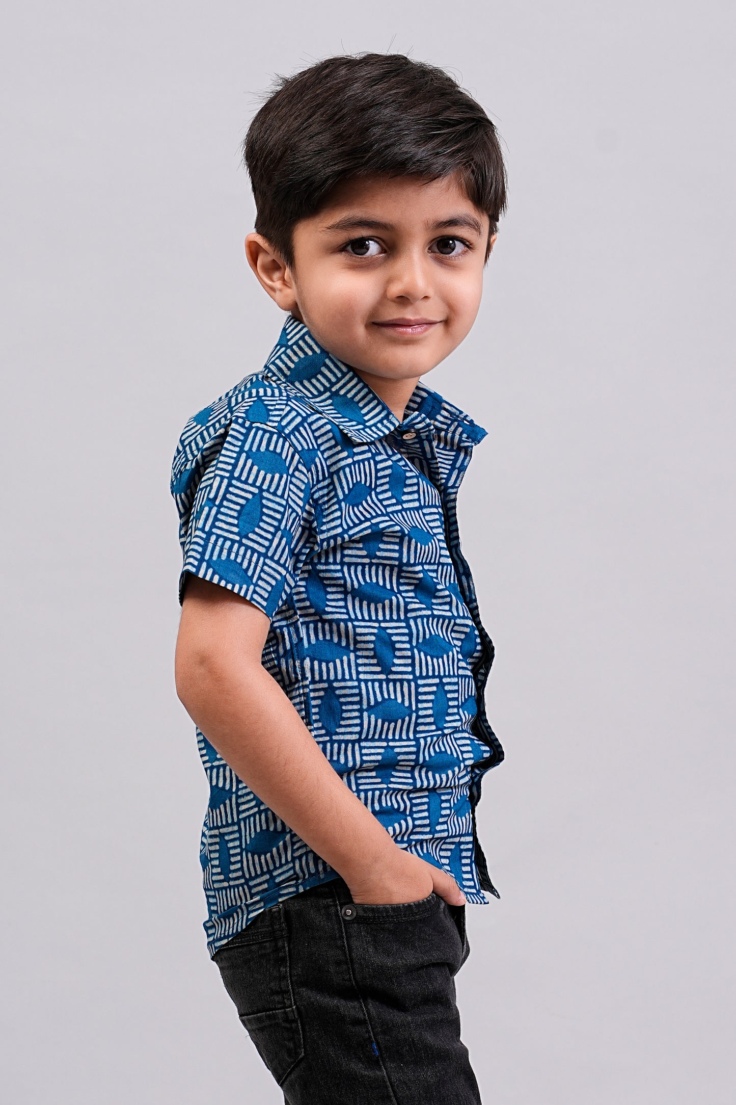 Boy's Indigo Floral Printed Half-Sleeves Shirts