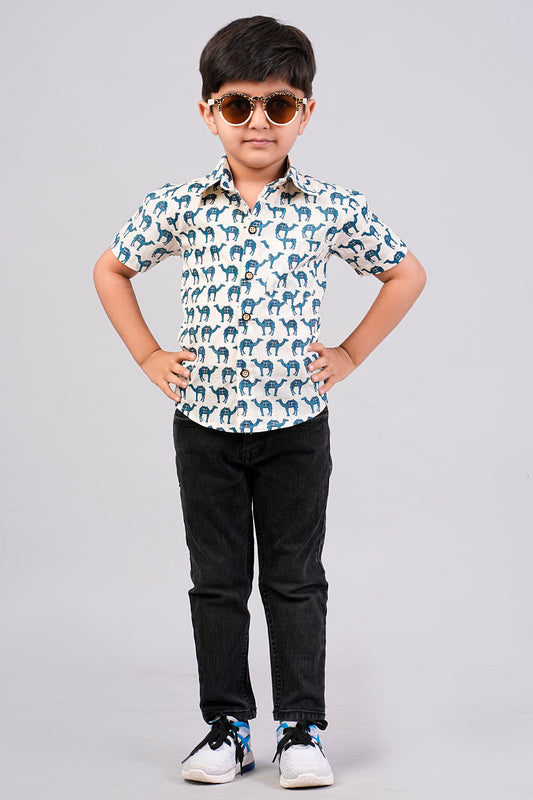 Boy's Camel Printed Half-Sleeves Shirts