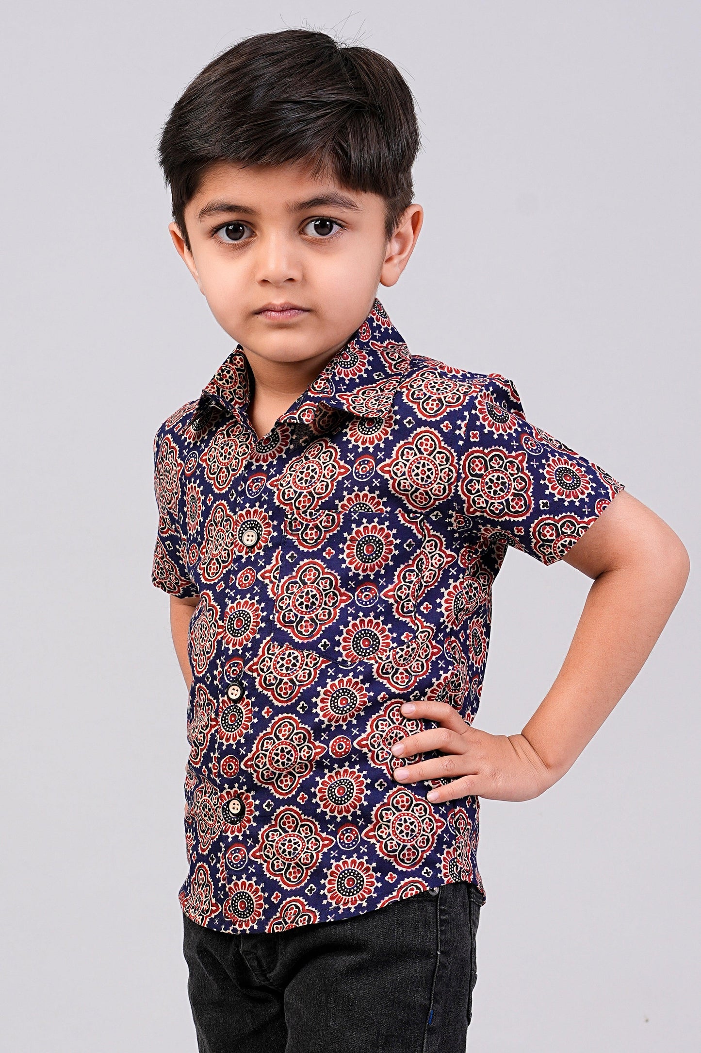 Boy's Navy Ajrakh Printed Half-Sleeves Shirts