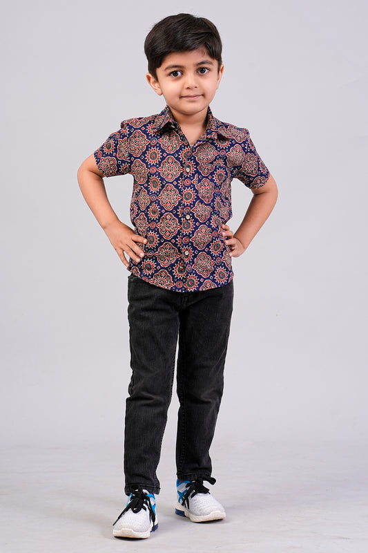 Boy's Navy Ajrakh Printed Half-Sleeves Shirts