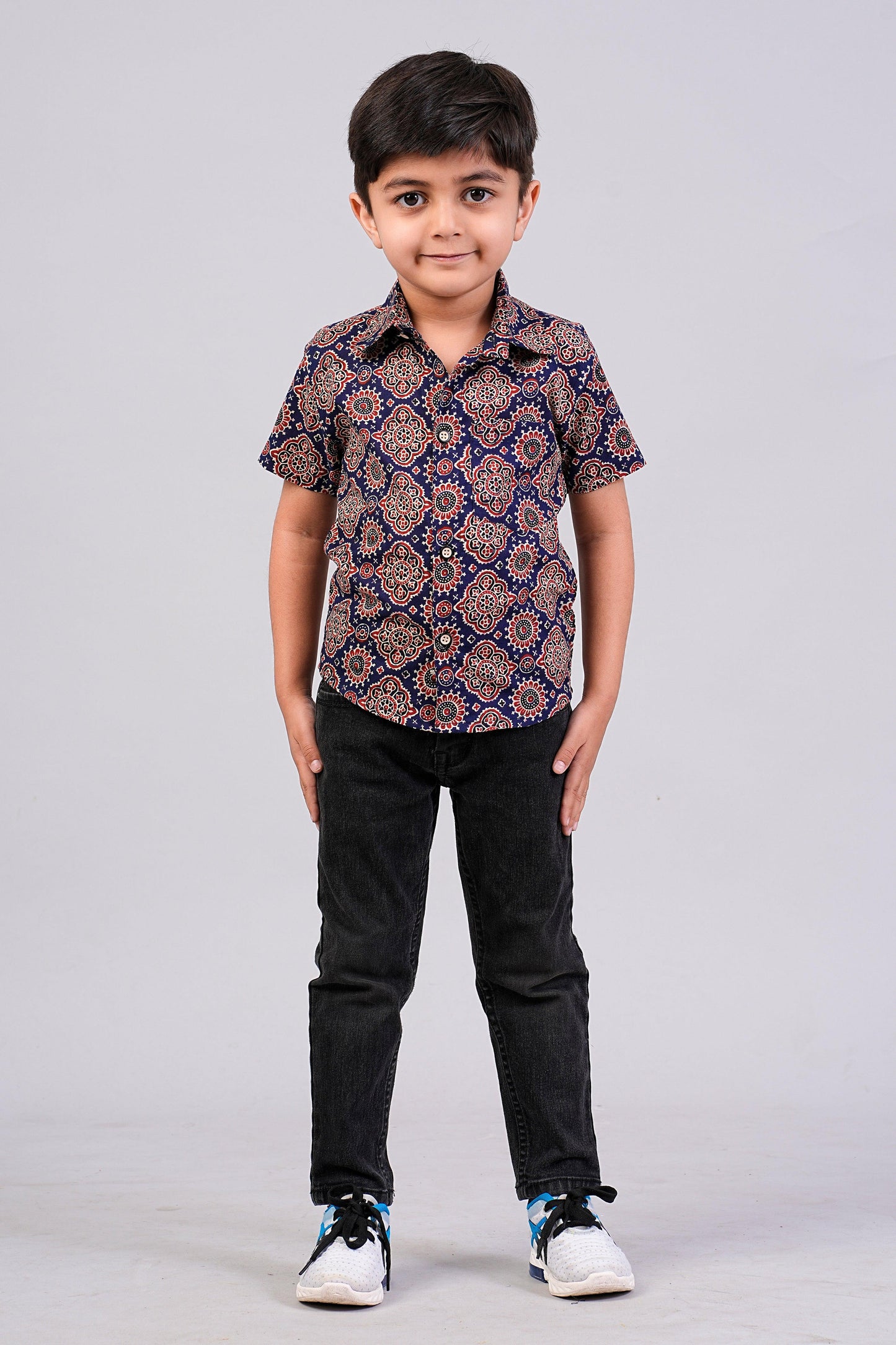Boy's Navy Ajrakh Printed Half-Sleeves Shirts